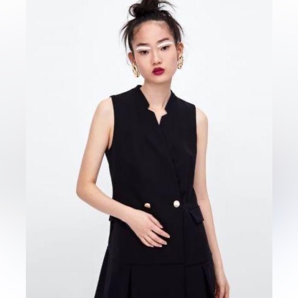 NWT Zara Mini V Neck Buttoned Pockets Sleeveless Preppy Vest Dress Size Medium - Picture 2 of 16